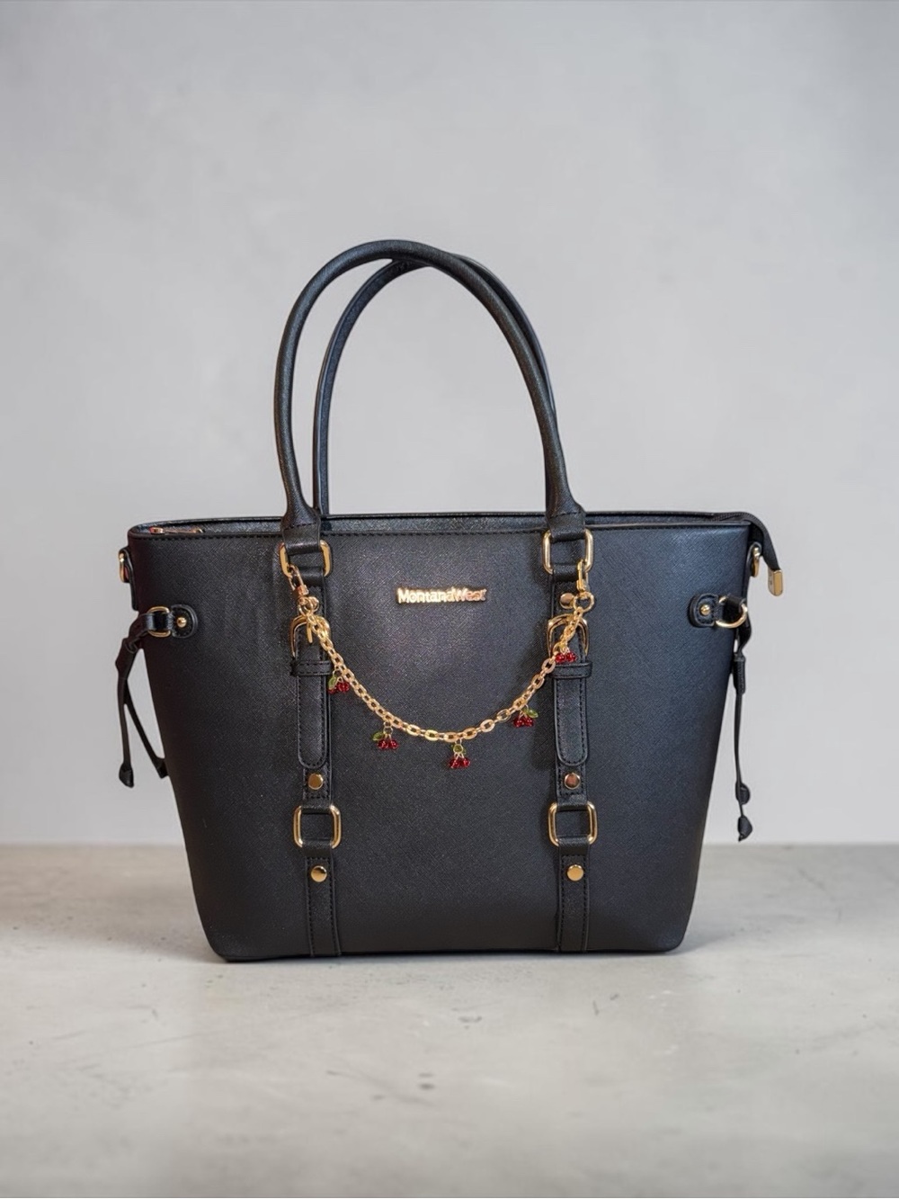 Montana West Black Tote with Gold Chain and Cherry Charms